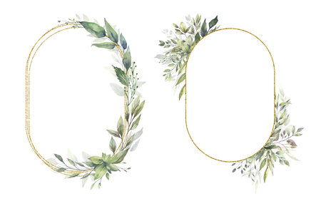Watercolor floral illustration set - green leaf Frame collection, for wedding stationary, greetings, wallpapers, fashion, background. Eucalyptus, olive, green leaves, etc. High quality illustrationの写真素材