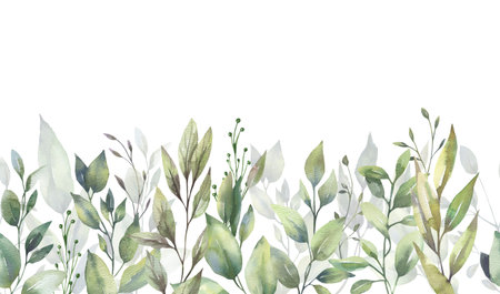 Watercolor floral illustration set - green leaf branches collection, for wedding stationary, greetings, wallpapers, fashion, background. Eucalyptus, olive, green leaves, etc. High quality illustrationの写真素材