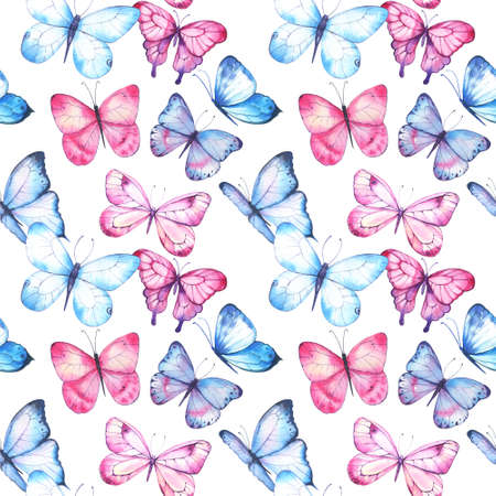 Beautiful seamless pattern with watercolor hand drawn cute butterflies. Stock illustration. High quality illustrationの写真素材