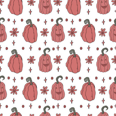 Seamless pattern with hand drawn pumpkins. Cute design for Halloween decorations. Vector seamless pattern. Vector illustrationのイラスト素材