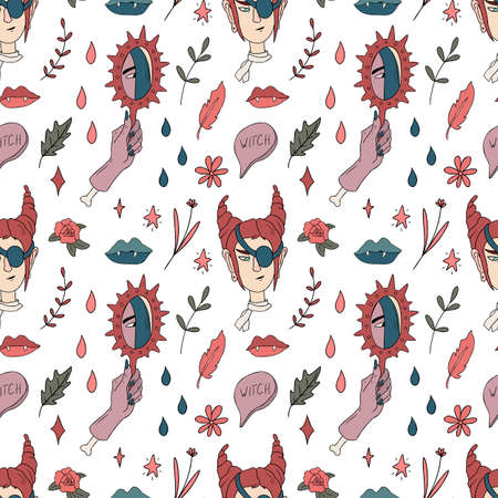 Seamless pattern with hand drawn witch. Cute design for Halloween decorations. Vector seamless pattern. Vector illustrationのイラスト素材