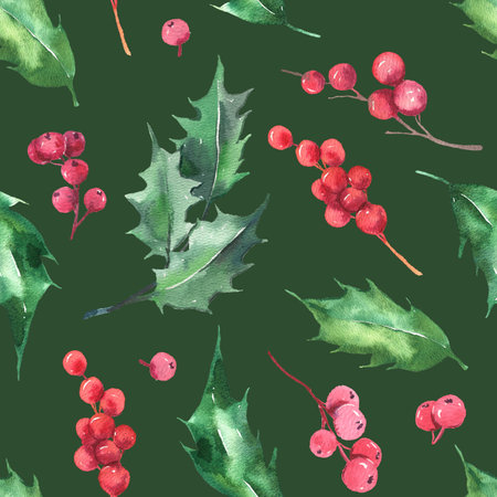 Seamless pattern with hand painted watercolor red berries. Cute design for Christmas textile design, scrapbook paper, decorations. . High quality illustrationの写真素材