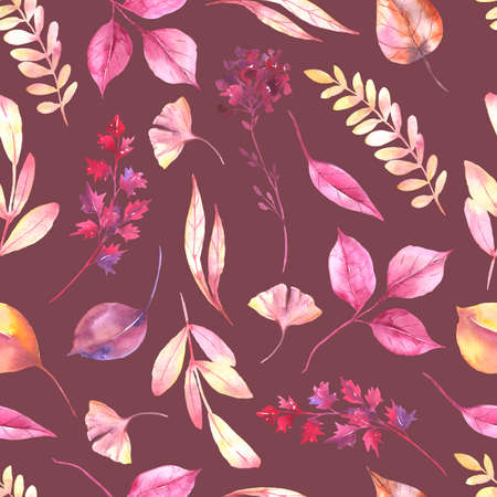 Seamless pattern with hand painted watercolor autumn leaves. Cute design for textile design, scrapbook paper, decorations. High quality illustrationの写真素材