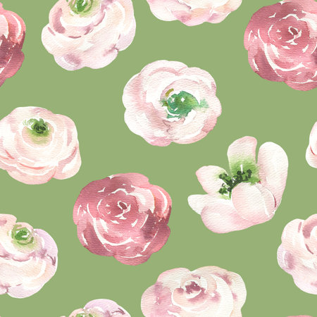 Seamless pattern with hand painted watercolor red, pink flowers on green background. Cute design for...