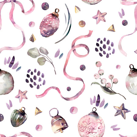 Watercolor seamless pattern with Christmas balls, ribbons, stars. High quality illustrationの写真素材