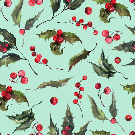 Watercolor seamless pattern with winter berries. Watercolor red berries , leaves. High quality illustrationの写真素材