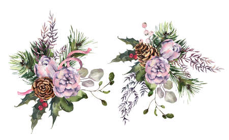 Watercolor Christmas invitation design. Watercolor winter bouquets for holidays design. Berries, flowers, leaves, pine cones. High quality illustrationの写真素材