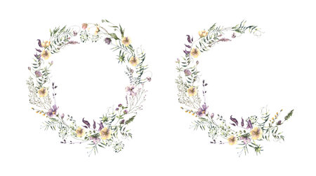 Watercolor Midsummer invitations frames with hand painted delicate leaves, pink flowers. Romantic wild flowers frames perfect for wedding greeting cards, invitation. High quality photoの写真素材