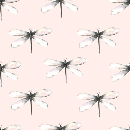 Seamless pattern with hand painted watercolor insects-dragonflies. High quality illustrationの写真素材