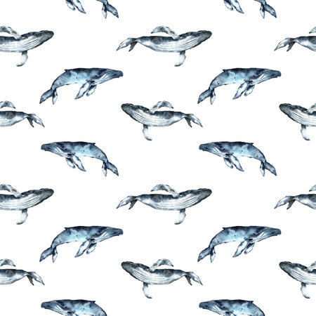 Seamless pattern hand painted in watercolor with Whales, ocean animals isolated on white background. Cute cartoon underwater animals textile pattern. High quality illustrationの写真素材