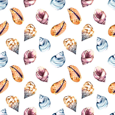 Seamless pattern with hand painted in watercolor ocean shells isolated on white background. High quality illustrationの写真素材
