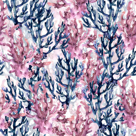 Hand Painted in Watercolor seamless pattern with pink and blue ocean Seaweed. High quality illustrationの写真素材