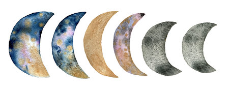 Set of colorful New Moon isolated on white background. Watercolor hand drawn abstract moons. . High...