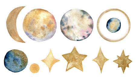 Set of colorful planets, stars isolated on white background. Watercolor hand drawn abstract planet balls. . High quality illustrationの写真素材