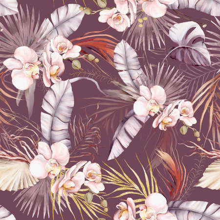 Seamless watercolor pattern with flower orchid, tropical leaves, branches. Hand painted floral background. High quality illustrationの写真素材