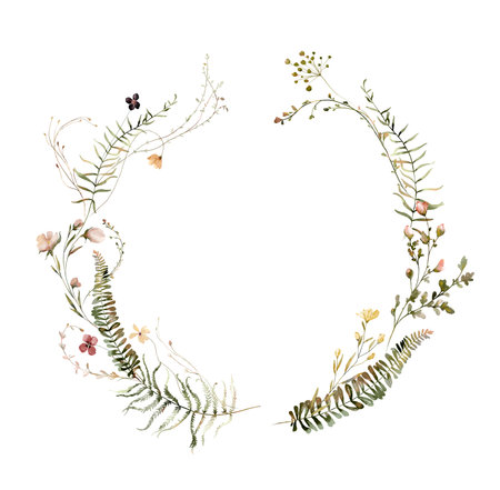 Watercolor Midsummer invitations frames with hand painted delicate leaves, pink flowers. Romantic floral wreaths perfect for wedding greeting cards, invitation. High quality illustrationの写真素材