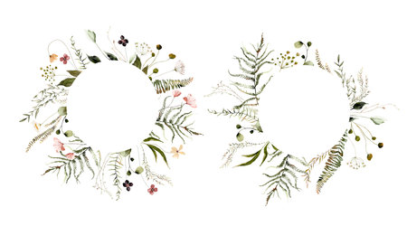 Watercolor Midsummer invitations frames with hand painted delicate leaves, pink flowers. Romantic floral wreaths perfect for wedding greeting cards, invitation. High quality illustrationの写真素材