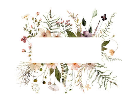 Watercolor Midsummer invitations frames with hand painted delicate leaves, pink flowers. Romantic floral wreaths perfect for wedding greeting cards, invitation. High quality illustrationの写真素材