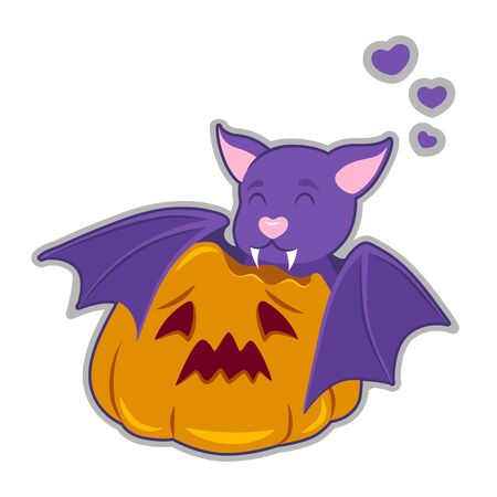 Little bat bites a sad pumpkin. Cute halloween vector illustrationのイラスト素材