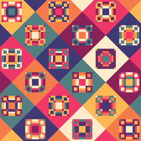 Seamless geometric pattern with square colorful tiles for fabric design or gift paper, wrapping print. Abstract composition of pink, burgundy, yellow, orange, blue, turquoise and ecru squares.のイラスト素材