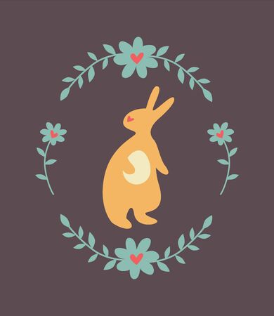 Silhouette of an easter bunny on brown background. Orange rabbit with an egg in vintage floral frame. Flat, cartoon, retro style, stock vector illustration for web, print, postcard, wallpaper.のイラスト素材