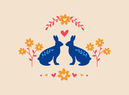 Silhouette of pair of easter bunnies on pink background. Blue rabbits in vintage floral frame. Flat, cartoon, scandinavian, retro style, stock vector illustration のイラスト素材