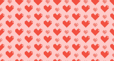 Pink pixel heart on pink background, seamless pattern