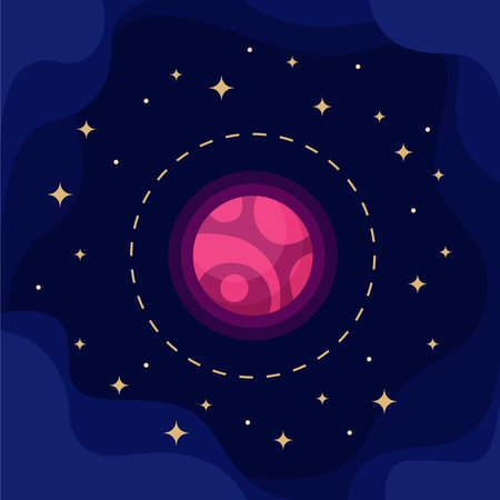 The pink planet is surrounded by stars on a dark blue background.