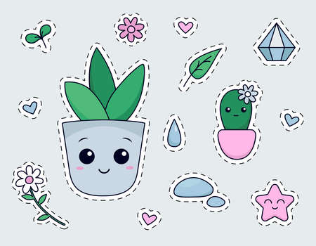 Kawaii house plants stickers pack on blue background.のイラスト素材