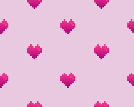 Pink pixel heart on pink background, seamless vector pattern. Stock illustration for web, print,...
