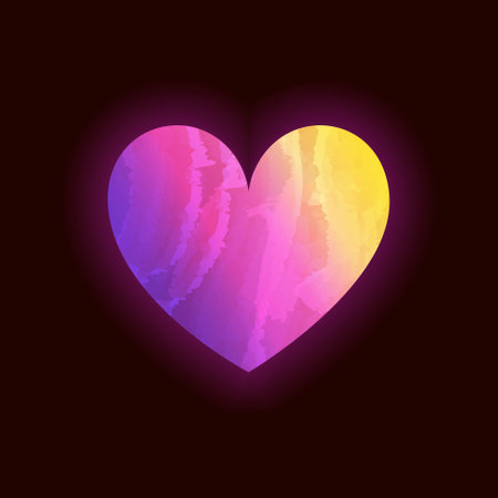 Watercolor hearts in gradient yellow, pink and violet color on black backgroundのイラスト素材