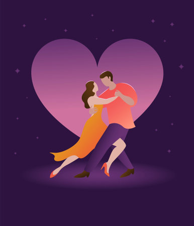 Couple of dancing people on a heart and stars background.のイラスト素材