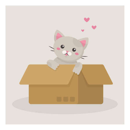 A small gray kitten sits in a cardboard box.のイラスト素材