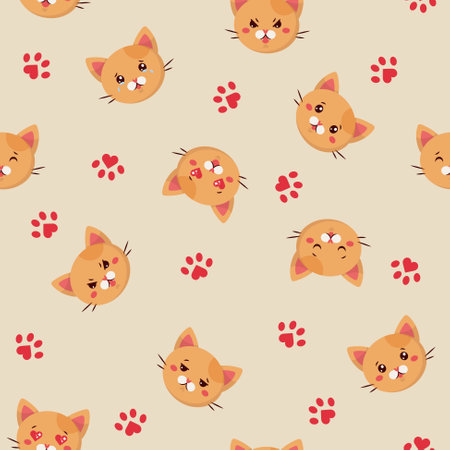 Seamless pattern of emoji ginger cats on light backgound.のイラスト素材