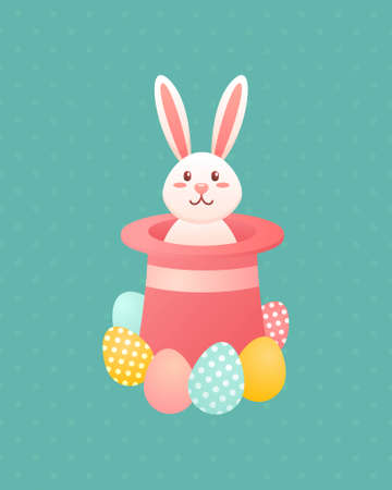 Easter white rabbit in a hat on polka dot background.のイラスト素材