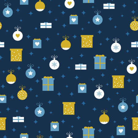 Seamless festive christmas background with tree decorations, gift boxes, starsのイラスト素材