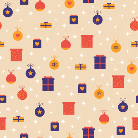 Seamless festive christmas background with tree decorations, gift boxes, starsのイラスト素材