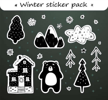 Winter cute sticker pack with outline in black and white colors.のイラスト素材