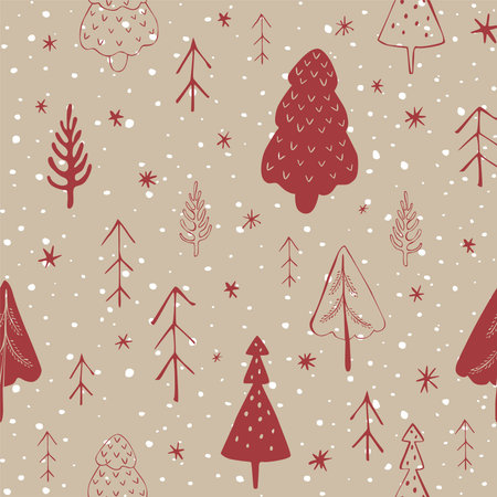 Seamless winter christmas pattern with trees and snowflakes.