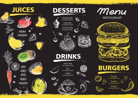 Juice menu, hand drawn. Smoothie Restaurant cafe menu, template design. Food flyer.のイラスト素材