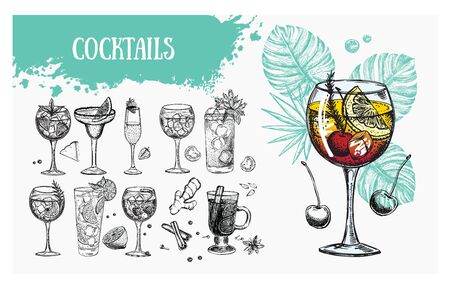 Cocktail menu design template. Alcoholic cocktails hand drawn.のイラスト素材
