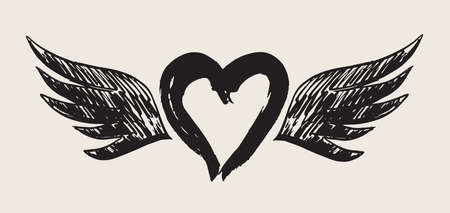 Heart with angel wings hand drawn vector illustrationのイラスト素材