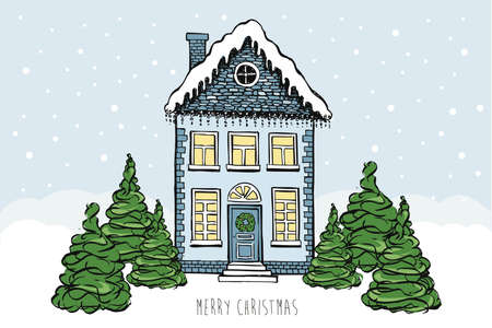 Christmas Greeting card. Illustration of houses. Set of hand drawn buildings.のイラスト素材