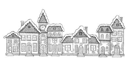 Christmas Greeting card. Illustration of houses. Set of hand drawn buildings.のイラスト素材