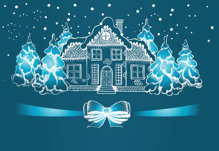 Christmas Greeting card. Illustration of houses. Set of hand drawn buildings.のイラスト素材