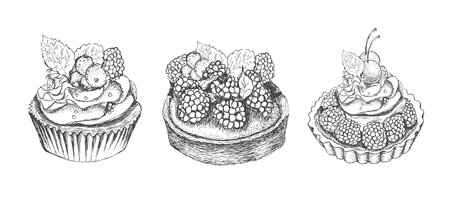 Set of hand drawn cupcakes. Vector illustration in sketch style.