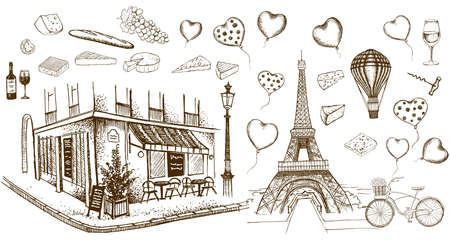 Set of hand drawn French icons, Paris sketch illustrationのイラスト素材