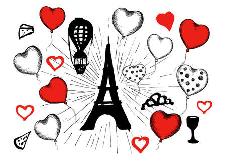 Set of hand drawn French icons, Paris sketch illustrationのイラスト素材