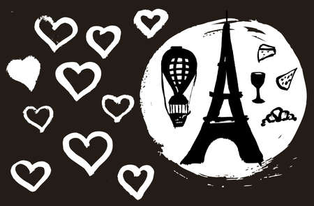 Set of hand drawn French icons, Paris sketch illustrationのイラスト素材