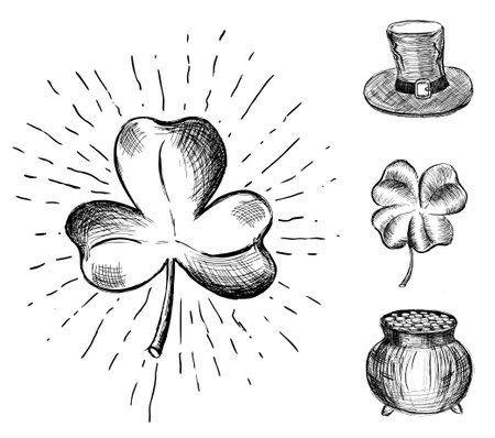 Hand drawn vector illustration of four leaf clover and cauldron.のイラスト素材